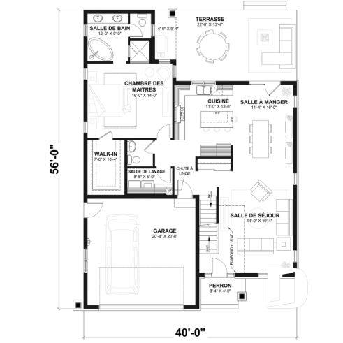 Rez-de-chaussée - Plan de Maison 4-5 chambres, style barndominium, suite principale au rdc, garage double - Cambridge