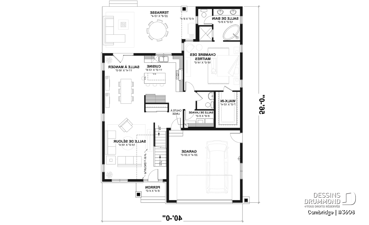 Rez-de-chaussée - Plan de Maison 4-5 chambres, style barndominium, suite principale au rdc, garage double - Cambridge