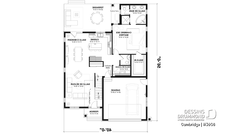 Rez-de-chaussée - Plan de Maison 4-5 chambres, style barndominium, suite principale au rdc, garage double - Cambridge