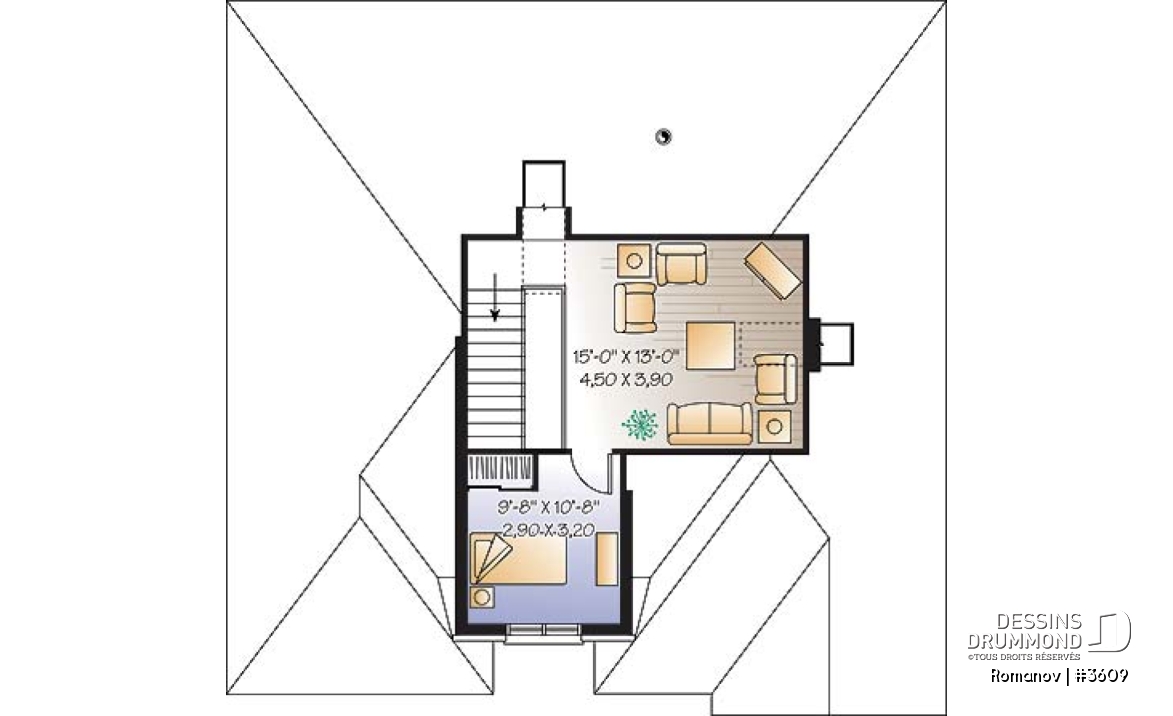 Étage - Plan de maison style européen, 3 chambres, garage, 2 salons, garde-manger, foyer 2 faces, aire ouverte - Romanov