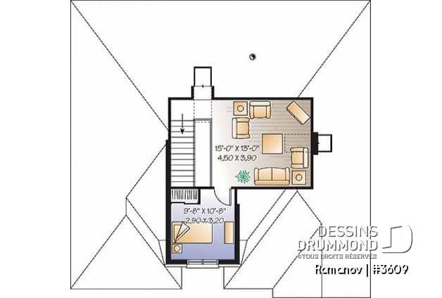 Étage - Plan de maison style européen, 3 chambres, garage, 2 salons, garde-manger, foyer 2 faces, aire ouverte - Romanov