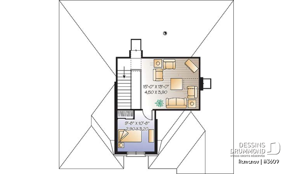 Étage - Plan de maison style européen, 3 chambres, garage, 2 salons, garde-manger, foyer 2 faces, aire ouverte - Romanov