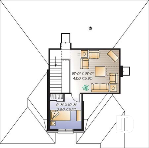 Étage - Plan de maison style européen, 3 chambres, garage, 2 salons, garde-manger, foyer 2 faces, aire ouverte - Romanov