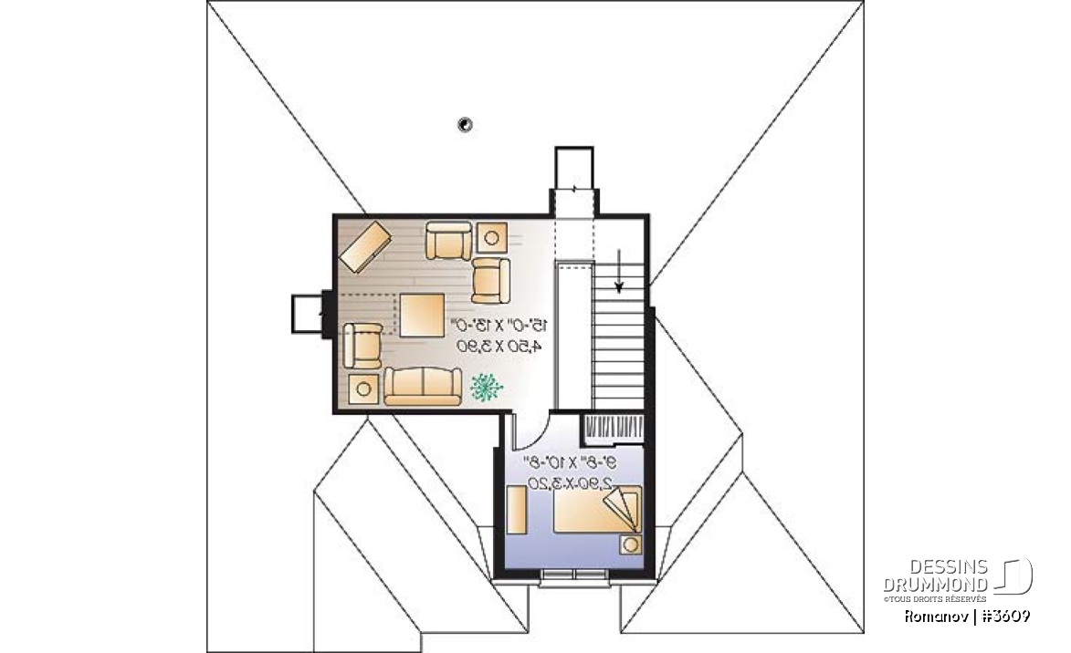 Étage - Plan de maison style européen, 3 chambres, garage, 2 salons, garde-manger, foyer 2 faces, aire ouverte - Romanov
