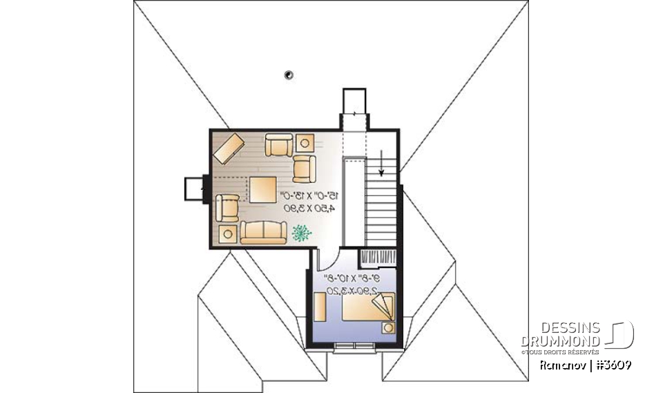 Étage - Plan de maison style européen, 3 chambres, garage, 2 salons, garde-manger, foyer 2 faces, aire ouverte - Romanov