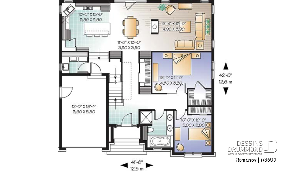 Rez-de-chaussée - Plan de maison style européen, 3 chambres, garage, 2 salons, garde-manger, foyer 2 faces, aire ouverte - Romanov