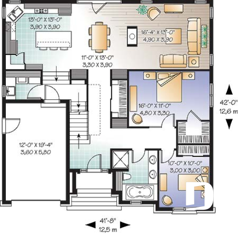 Rez-de-chaussée - Plan de maison style européen, 3 chambres, garage, 2 salons, garde-manger, foyer 2 faces, aire ouverte - Romanov