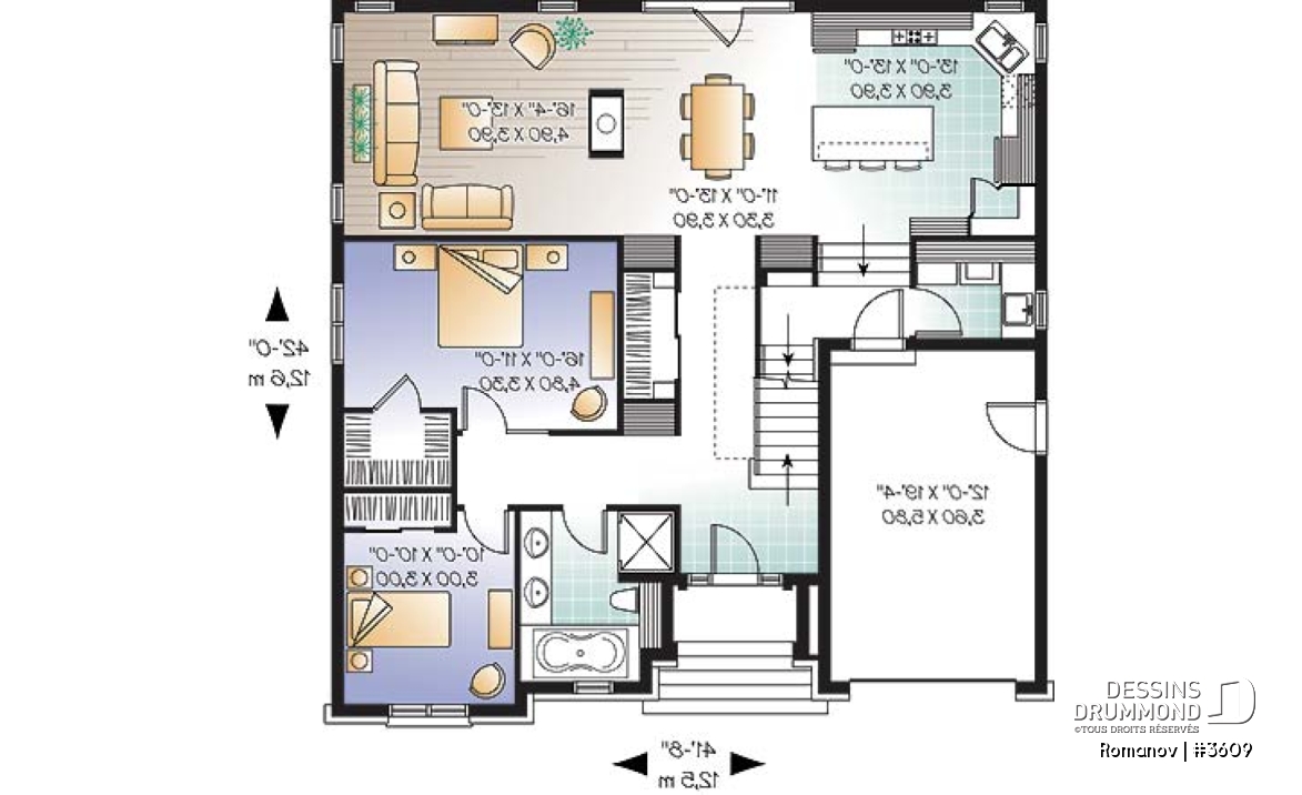 Rez-de-chaussée - Plan de maison style européen, 3 chambres, garage, 2 salons, garde-manger, foyer 2 faces, aire ouverte - Romanov