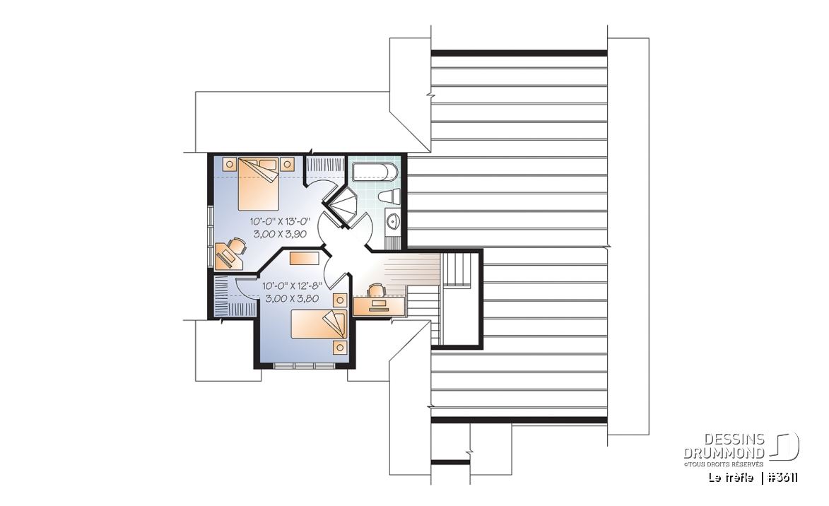 Étage - Plan de maison à étage, garage double, 3 chambres, plafond à 9 pieds, garage double, chambre parents au rdc - Le trèfle 