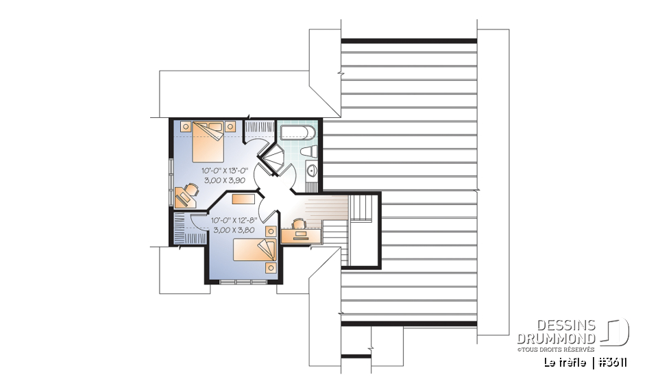Étage - Plan de maison à étage, garage double, 3 chambres, plafond à 9 pieds, garage double, chambre parents au rdc - Le trèfle 