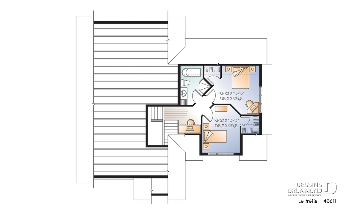 Étage - Plan de maison à étage, garage double, 3 chambres, plafond à 9 pieds, garage double, chambre parents au rdc - Le trèfle 
