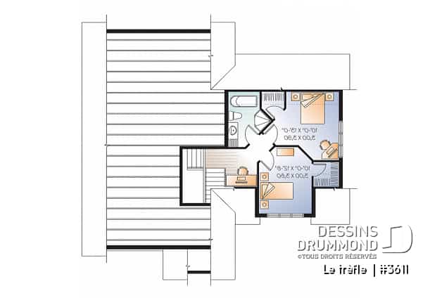 Étage - Plan de maison à étage, garage double, 3 chambres, plafond à 9 pieds, garage double, chambre parents au rdc - Le trèfle 