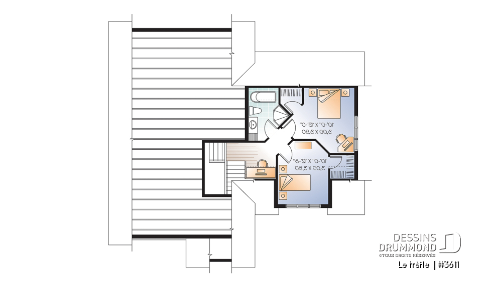 Étage - Plan de maison à étage, garage double, 3 chambres, plafond à 9 pieds, garage double, chambre parents au rdc - Le trèfle 