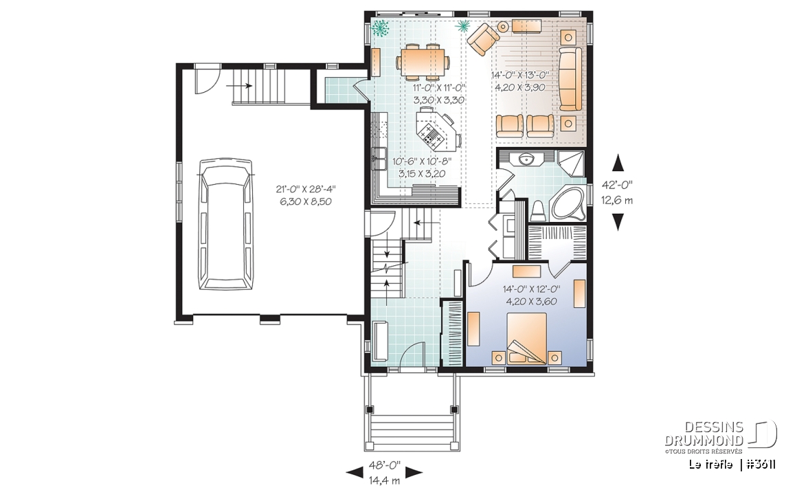 Rez-de-chaussée - Plan de maison à étage, garage double, 3 chambres, plafond à 9 pieds, garage double, chambre parents au rdc - Le trèfle 
