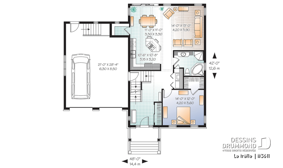 Rez-de-chaussée - Plan de maison à étage, garage double, 3 chambres, plafond à 9 pieds, garage double, chambre parents au rdc - Le trèfle 