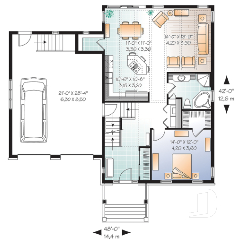 Rez-de-chaussée - Plan de maison à étage, garage double, 3 chambres, plafond à 9 pieds, garage double, chambre parents au rdc - Le trèfle 