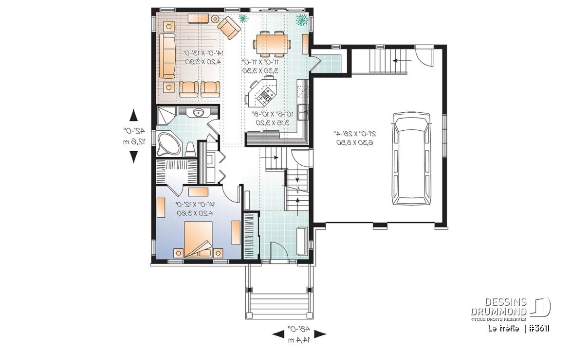Rez-de-chaussée - Plan de maison à étage, garage double, 3 chambres, plafond à 9 pieds, garage double, chambre parents au rdc - Le trèfle 