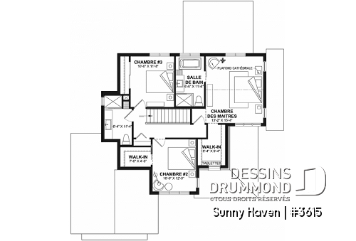 Étage - Plan maison farmhouse, 3 chambres, garage, bureau, grande terrasse abritée, vestiaire, garde-manger - Sunny Haven