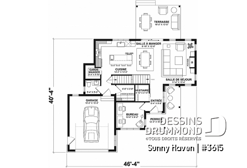 Rez-de-chaussée - Plan maison farmhouse, 3 chambres, garage, bureau, grande terrasse abritée, vestiaire, garde-manger - Sunny Haven