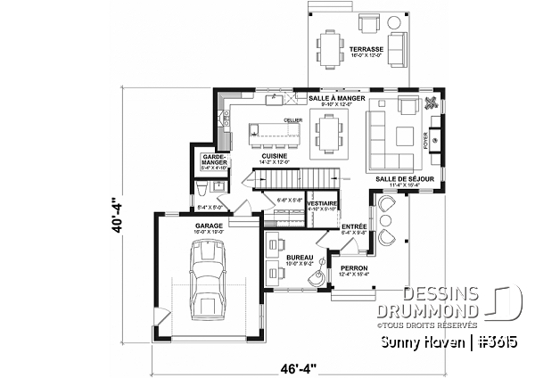 Rez-de-chaussée - Plan maison farmhouse, 3 chambres, garage, bureau, grande terrasse abritée, vestiaire, garde-manger - Sunny Haven