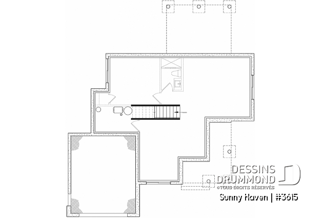 Sous-sol aménageable - Plan maison farmhouse, 3 chambres, garage, bureau, grande terrasse abritée, vestiaire, garde-manger - Sunny Haven