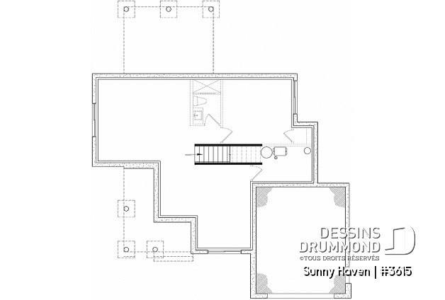 Sous-sol aménageable - Plan maison farmhouse, 3 chambres, garage, bureau, grande terrasse abritée, vestiaire, garde-manger - Sunny Haven