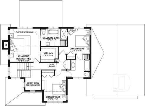 Étage - Plan de maison Farmhouse à étage, 3 chambres, 2.5 s.bain, bureau, garage double, terrasse abritée - Sunny Haven 2