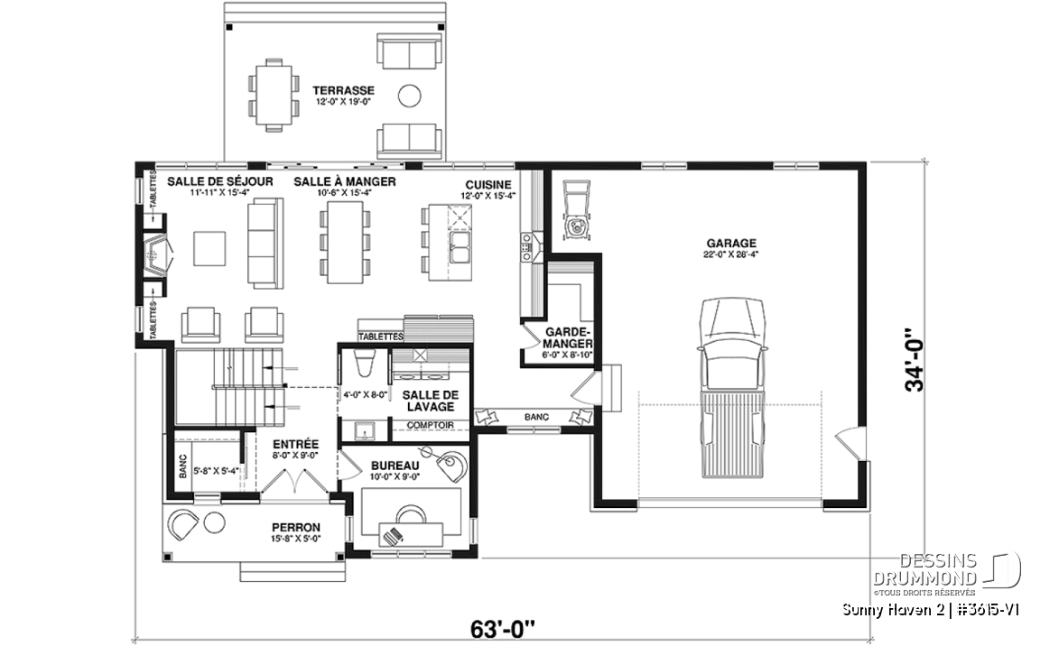 Rez-de-chaussée - Plan de maison Farmhouse à étage, 3 chambres, 2.5 s.bain, bureau, garage double, terrasse abritée - Sunny Haven 2