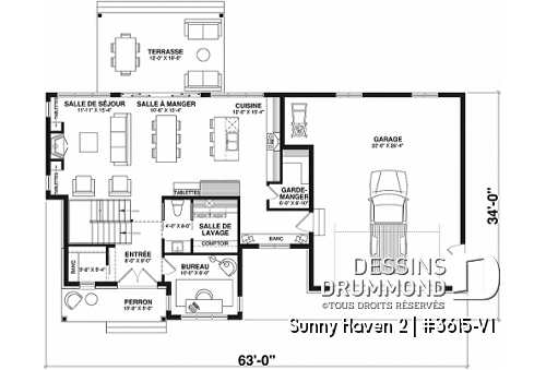 Rez-de-chaussée - Plan de maison Farmhouse à étage, 3 chambres, 2.5 s.bain, bureau, garage double, terrasse abritée - Sunny Haven 2