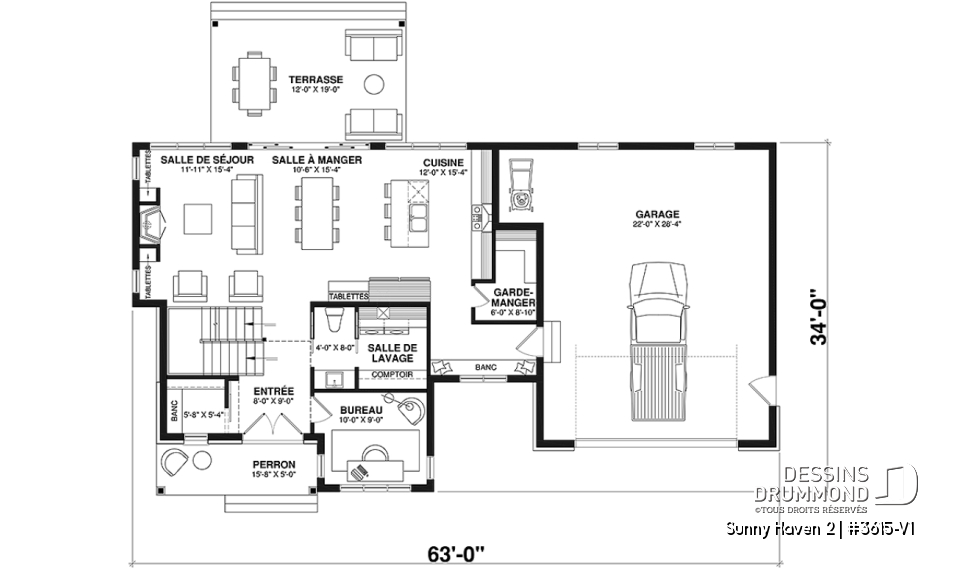 Rez-de-chaussée - Plan de maison Farmhouse à étage, 3 chambres, 2.5 s.bain, bureau, garage double, terrasse abritée - Sunny Haven 2