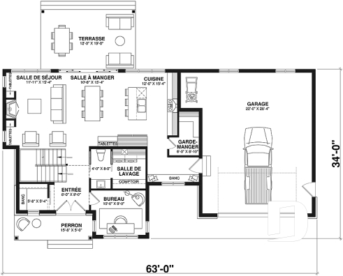 Rez-de-chaussée - Plan de maison Farmhouse à étage, 3 chambres, 2.5 s.bain, bureau, garage double, terrasse abritée - Sunny Haven 2