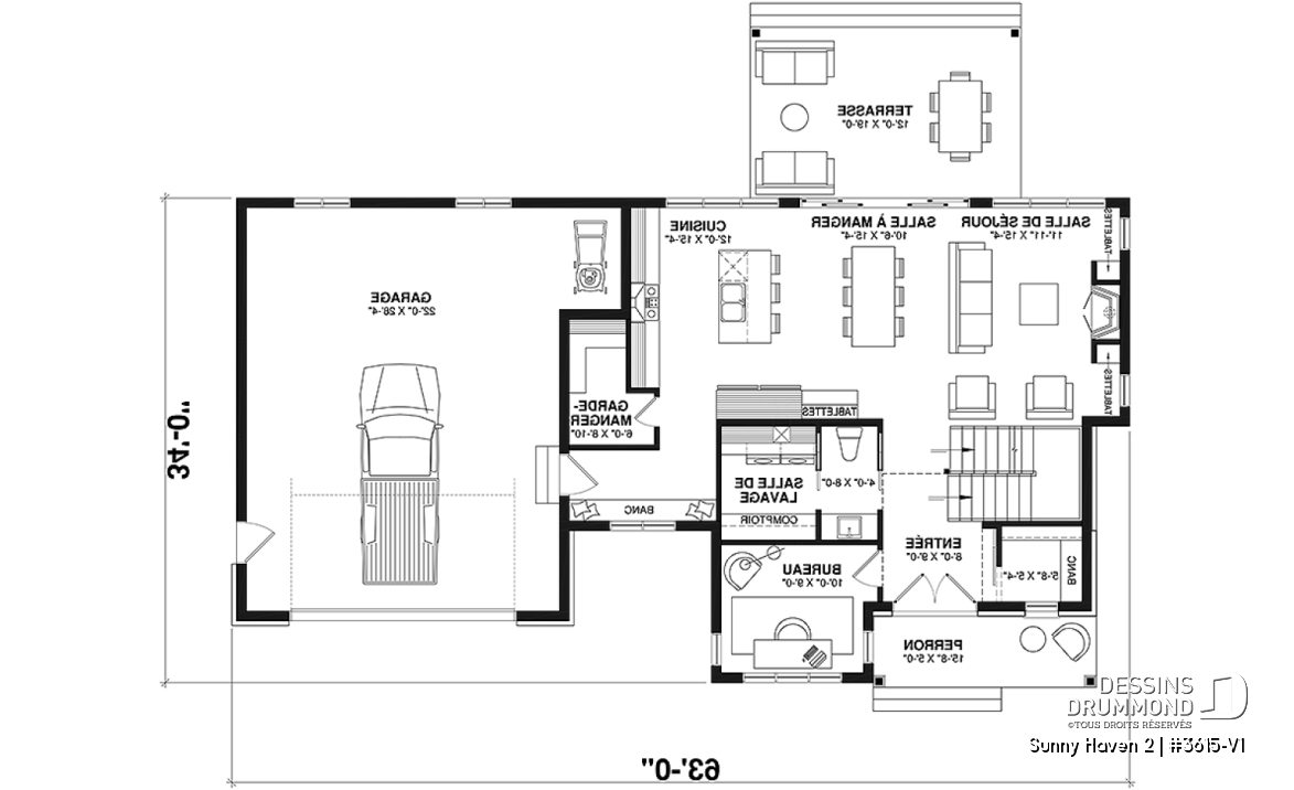 Rez-de-chaussée - Plan de maison Farmhouse à étage, 3 chambres, 2.5 s.bain, bureau, garage double, terrasse abritée - Sunny Haven 2