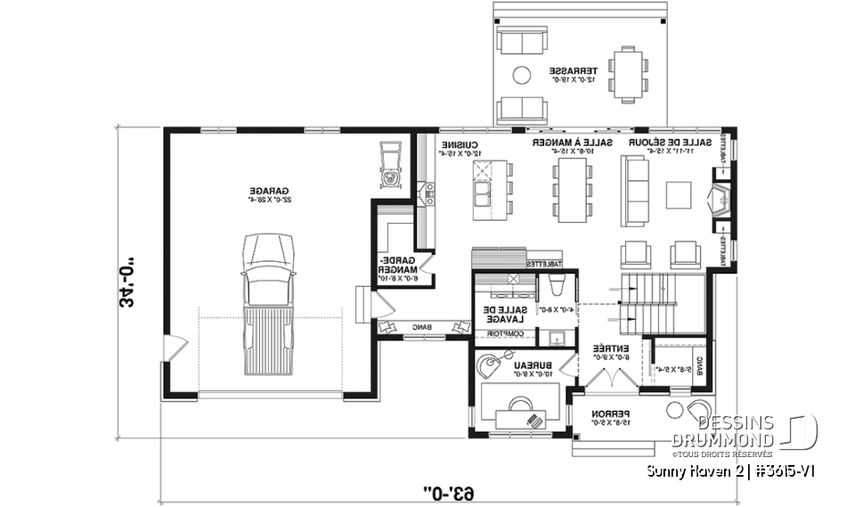 Rez-de-chaussée - Plan de maison Farmhouse à étage, 3 chambres, 2.5 s.bain, bureau, garage double, terrasse abritée - Sunny Haven 2