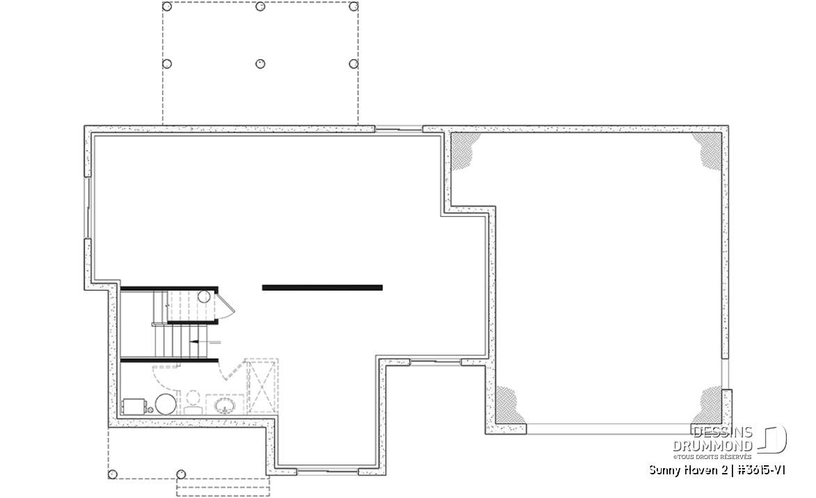 Sous-sol aménageable - Plan de maison Farmhouse à étage, 3 chambres, 2.5 s.bain, bureau, garage double, terrasse abritée - Sunny Haven 2