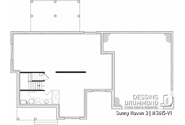 Sous-sol aménageable du plan de maison unifamiliale 3615-V1 Sous-sol aménageable - Plan de maison Farmhouse à étage, 3 chambres, 2.5 s.bain, bureau, garage double, terrasse abritée - Sunny Haven 2