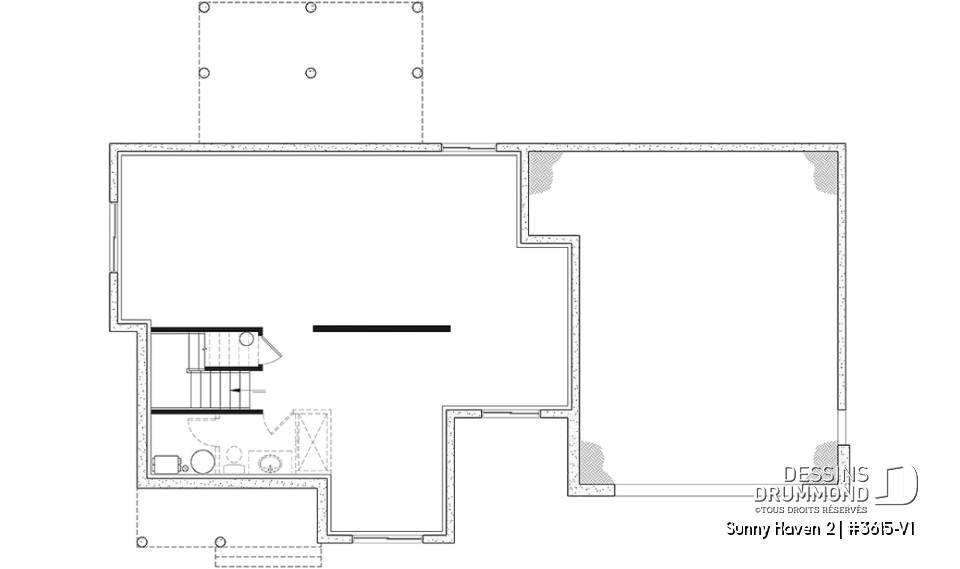 Sous-sol aménageable - Plan de maison Farmhouse à étage, 3 chambres, 2.5 s.bain, bureau, garage double, terrasse abritée - Sunny Haven 2