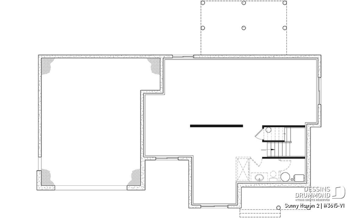 Sous-sol aménageable - Plan de maison Farmhouse à étage, 3 chambres, 2.5 s.bain, bureau, garage double, terrasse abritée - Sunny Haven 2