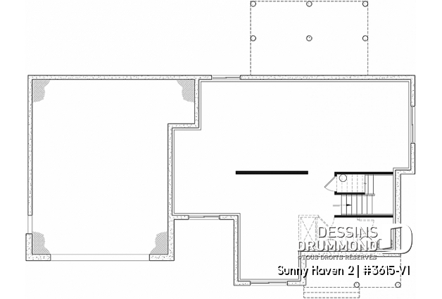 Sous-sol aménageable du plan de maison unifamiliale 3615-V1 Sous-sol aménageable - Plan de maison Farmhouse à étage, 3 chambres, 2.5 s.bain, bureau, garage double, terrasse abritée - Sunny Haven 2