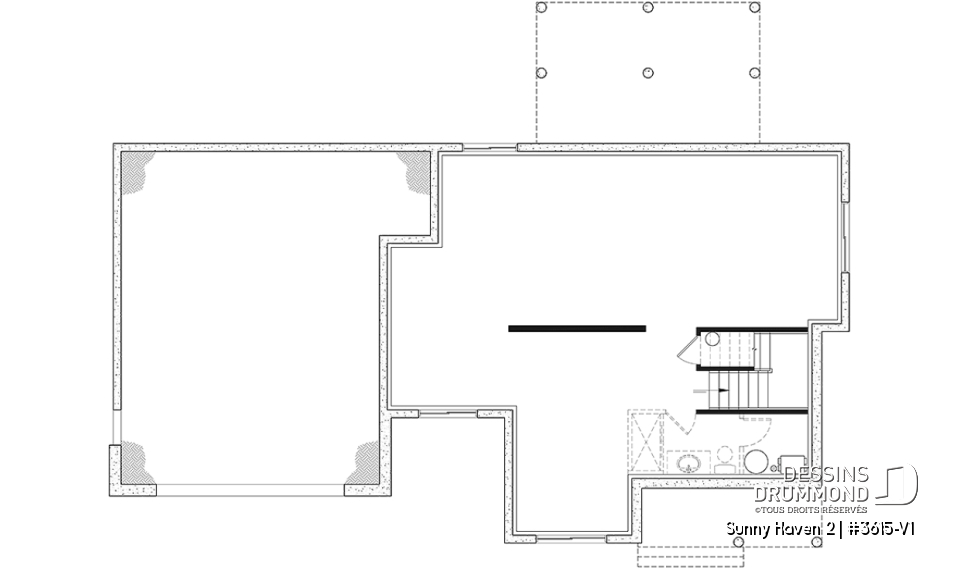 Sous-sol aménageable - Plan de maison Farmhouse à étage, 3 chambres, 2.5 s.bain, bureau, garage double, terrasse abritée - Sunny Haven 2