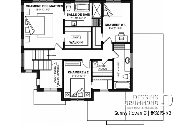 Étage - Plan de maison avec planchers bien pensés: garde-manger, vestiaire, bureau, foyer, aire ouverte - Sunny Haven 3
