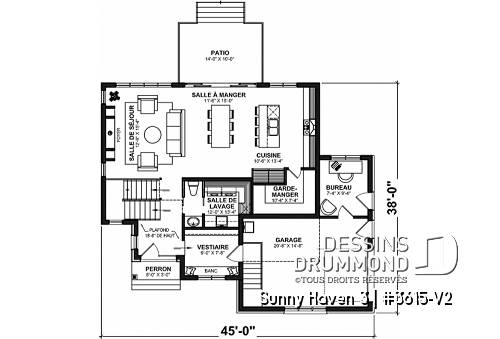 Rez-de-chaussée - Plan de maison avec planchers bien pensés: garde-manger, vestiaire, bureau, foyer, aire ouverte - Sunny Haven 3