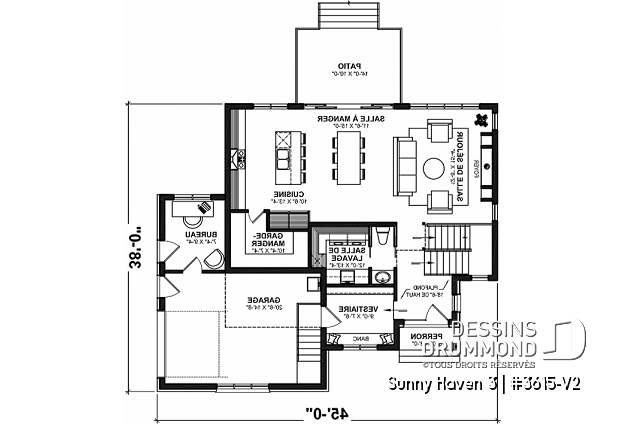 Rez-de-chaussée - Plan de maison avec planchers bien pensés: garde-manger, vestiaire, bureau, foyer, aire ouverte - Sunny Haven 3
