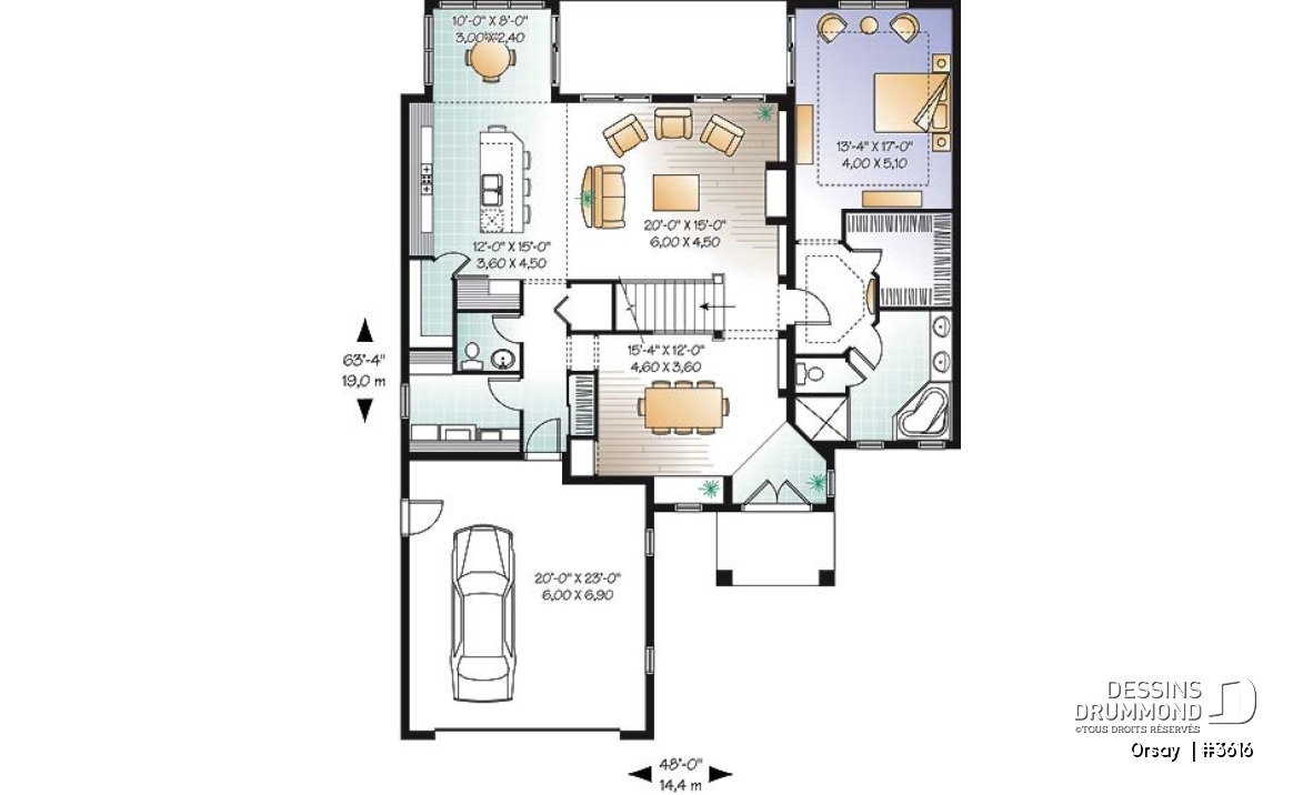 Rez-de-chaussée - Plan de maison 4 chambres, 3.5 salles de bain, style méditerranéen, garage double, superbe cuisine - Orsay 