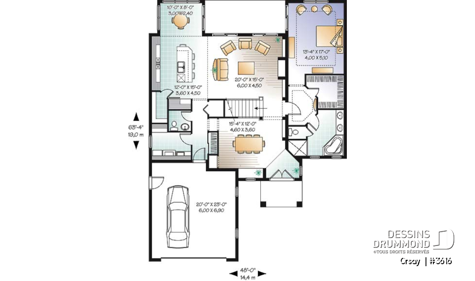 Rez-de-chaussée - Plan de maison 4 chambres, 3.5 salles de bain, style méditerranéen, garage double, superbe cuisine - Orsay 