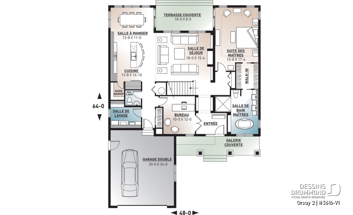 Rez-de-chaussée - Plan de maison 4 chambres garage double style Cape Cod, bureau à domicile, espace ouvert - Orsay 2