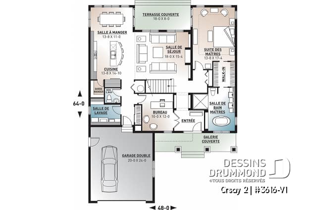 Rez-de-chaussée - Plan de maison 4 chambres garage double style Cape Cod, bureau à domicile, espace ouvert - Orsay 2