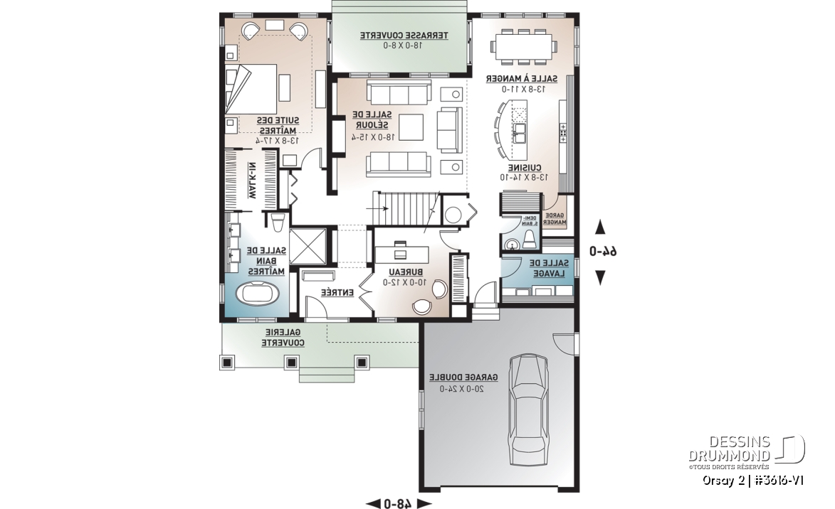 Rez-de-chaussée - Plan de maison 4 chambres garage double style Cape Cod, bureau à domicile, espace ouvert - Orsay 2