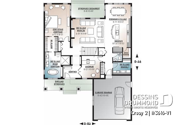Rez-de-chaussée - Plan de maison 4 chambres garage double style Cape Cod, bureau à domicile, espace ouvert - Orsay 2