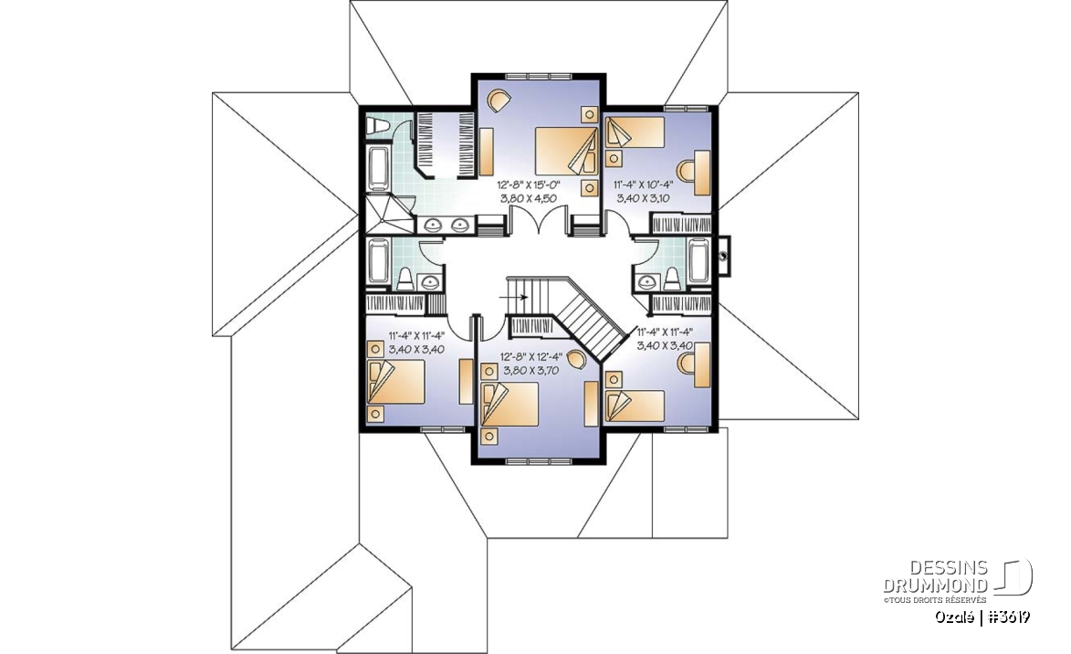 Étage - Plan de maison style Floride, 6 chambres, 5 salles de bain, 2 salons, foyer, grande cuisine, garage 3 voitures - Ozalé