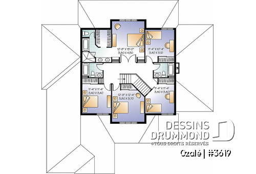 Étage - Plan de maison style Floride, 6 chambres, 5 salles de bain, 2 salons, foyer, grande cuisine, garage 3 voitures - Ozalé